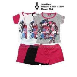 Ensemble MONSTER HIGH Tee-Shirt + Short 100% Coton Noir/Blanc - NEUF l'ensemble 2 pièces - Été/Fille/Pyjama/Vêtement/Sport - De 