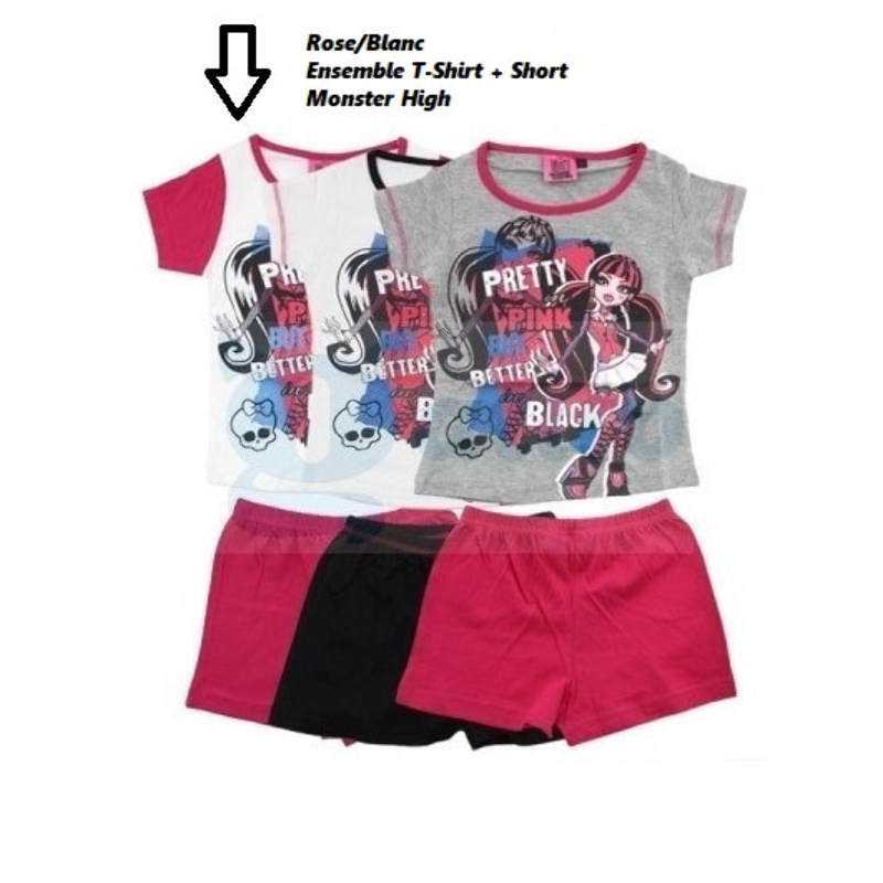 Ensemble MONSTER HIGH Tee-Shirt + Short 100% Coton Blanc/Rose - NEUF l'ensemble 2 pièces - Été/Fille/Pyjama/Vêtement/Sport - De Ensemble MONSTER HIGH Tee-Shirt + Short 100% Coton Blanc/Rose - NEUF l'ensemble 2 pièces - Été/Fille/Pyjama/Vêtement/Sport - De