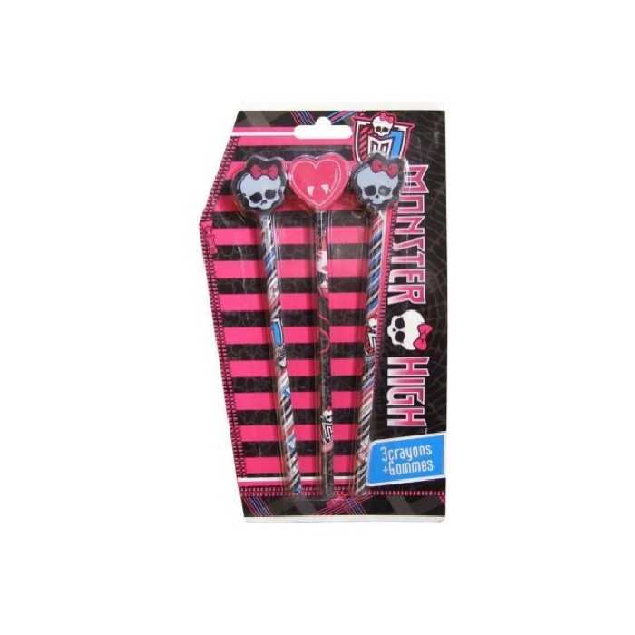 3 Crayons à bois + Gommes MONSTER HIGH - NEUF - Fourniture scolaire / Fille / Papeterie