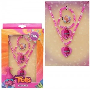 TROLLS coffret bijoux ( collier + bague + bracelet) Fantaisie rose - NEUF