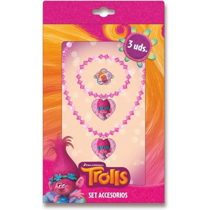 TROLLS coffret bijoux ( collier + bague + bracelet) Fantaisie rose - NEUF